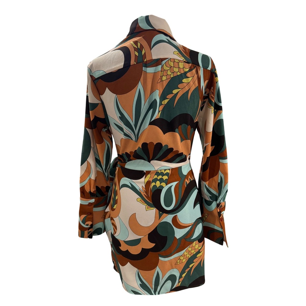 Mango Psychedelic Print Wrap Mini Shirt Dress Long Sleeve Retro Style Multi - Picture 3 of 10